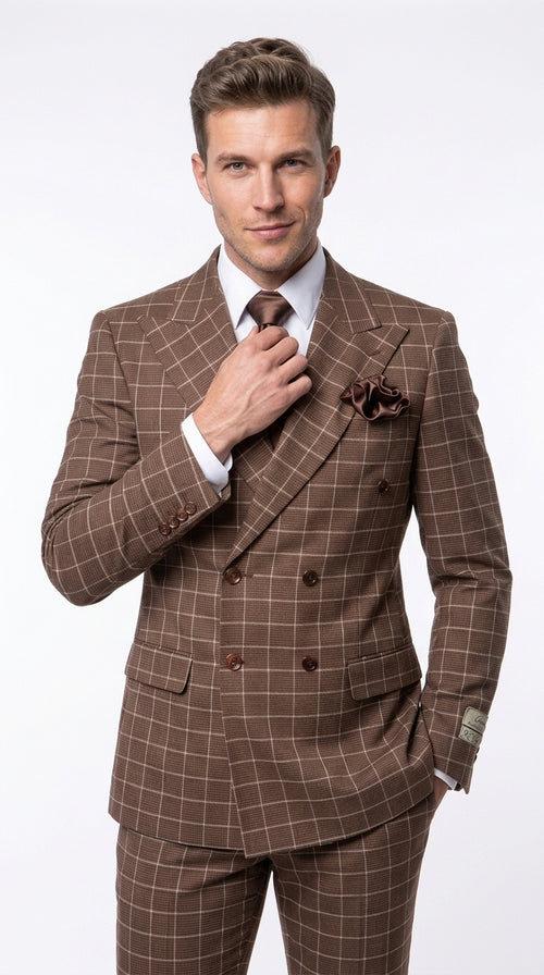 Rossi Man Arthur RM2317 Men’s Brown Windowpane Double Breasted Suit, Formal Dress Suit