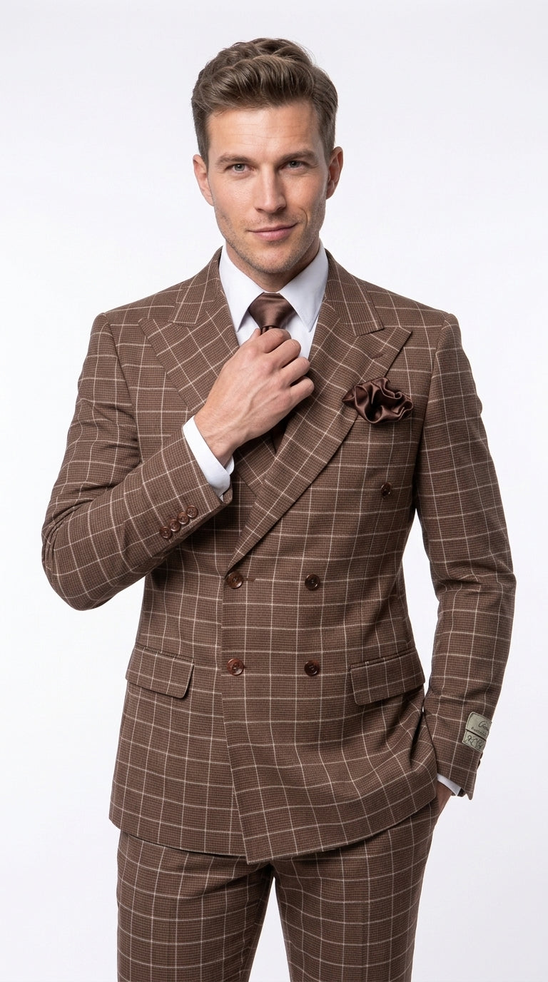 Rossi Man Arthur RM2317 Men’s Brown Windowpane Double Breasted Suit, Formal Dress Suit