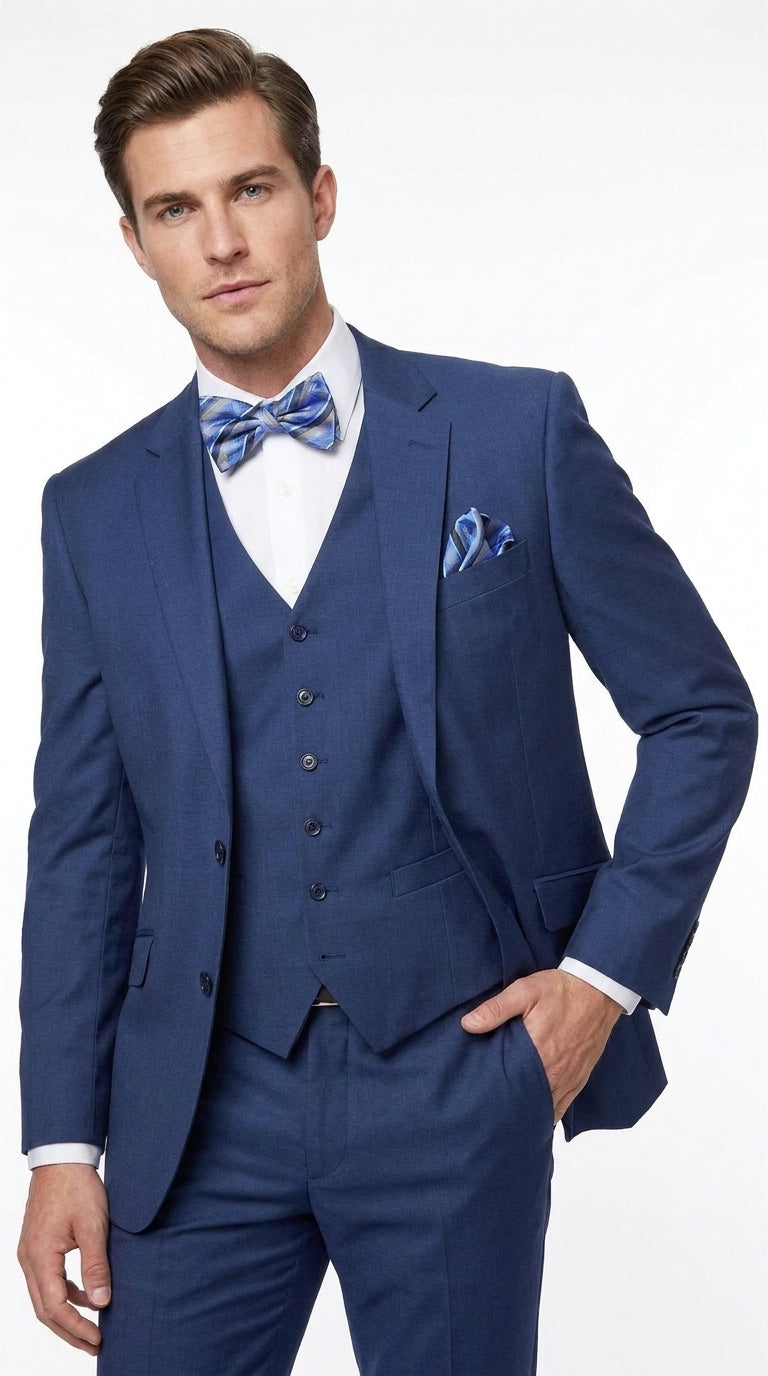 Men’s Big and Tall Indigo Blue 3 Piece Suit, Extra Long Modern Fit Wedding Business Formal Suit