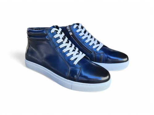 Mens High-Top Leather Sneakers with Side Zipper