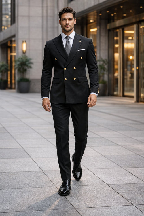 Men's Designer Modern Fit Double Breasted Wool Suit with Gold Buttons in Black