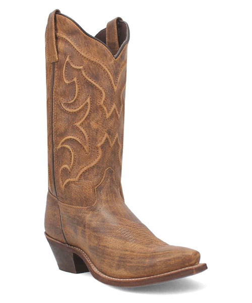 Laredo Reva women's boot. Tall brown leather shaft with pointed toe and slight heel. Textured finish with decorative swirling stitch detailing.