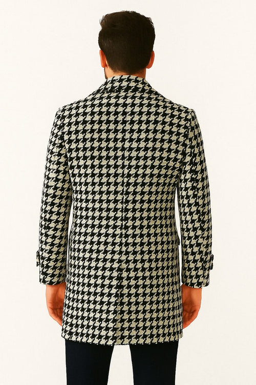 Mens Houndstooth Double-Breasted Wool Peacoat – Black and White Wool Short Coat Slim Fit