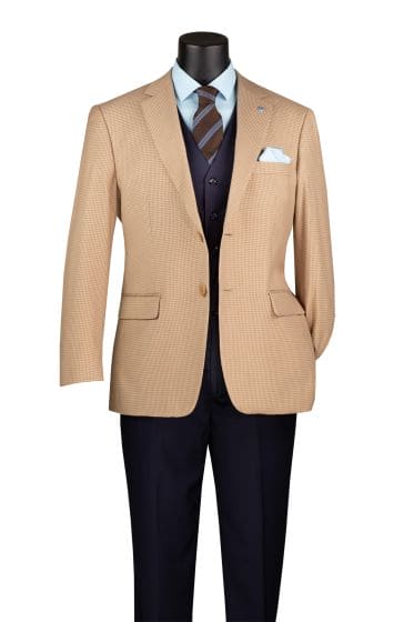 Tan & beige houndstooth sport coat with structured blazer shape, 2 front pockets & single button. Interior is navy. Layered over light blue shirt, dark vest, & brown/blue striped tie.