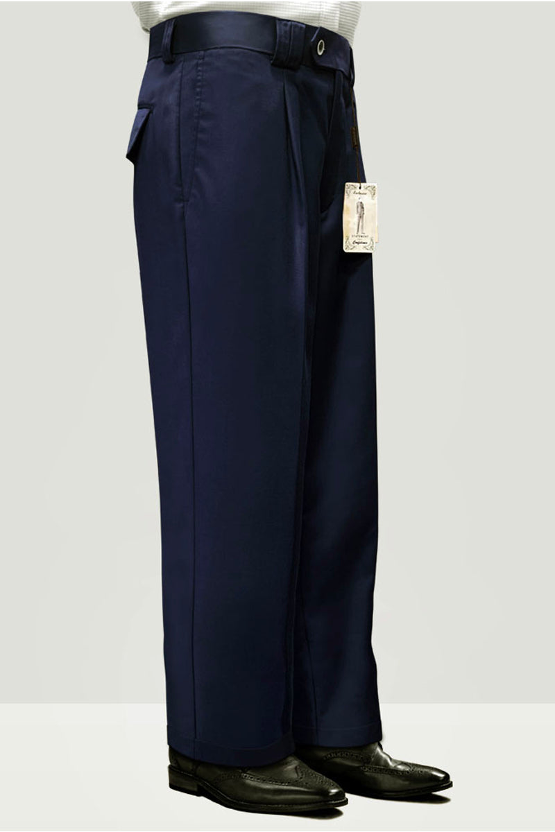 Navy Italian wool wide-leg men's dress pants. Loose fit, smooth texture, and flat front with pleats. Durable fabric, button closure, side & rear pockets. Consistent navy blue color.