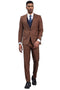Men's Stacy Adams suit: cognac brown, micro check, peak lapel. Includes navy vest, tailored brown trousers, white shirt, and blue-striped tie.