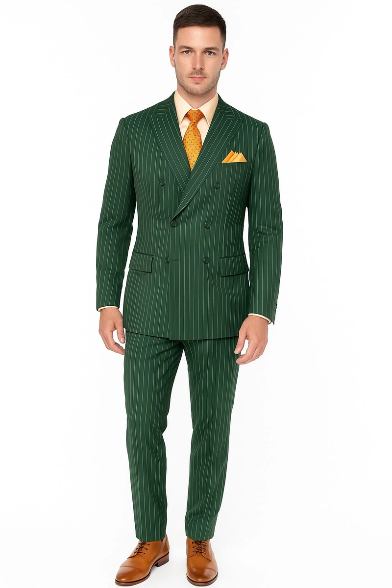 Hunter green, pinstripe double-breasted men's suit. Features tailored jacket with peaked lapels and slim-fit trousers. Vertical white pinstripes and textured fabric. Pocket square adds contrast.