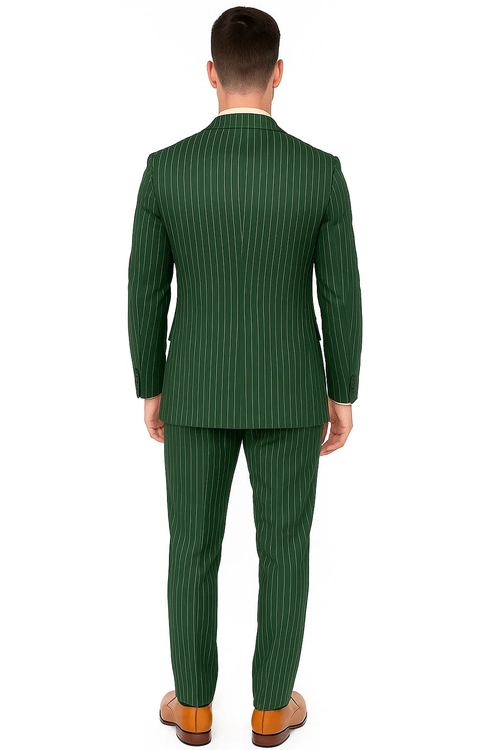 Hunter green double-breasted men's suit with vertical white pinstripes. Tailored fit includes matching trousers.