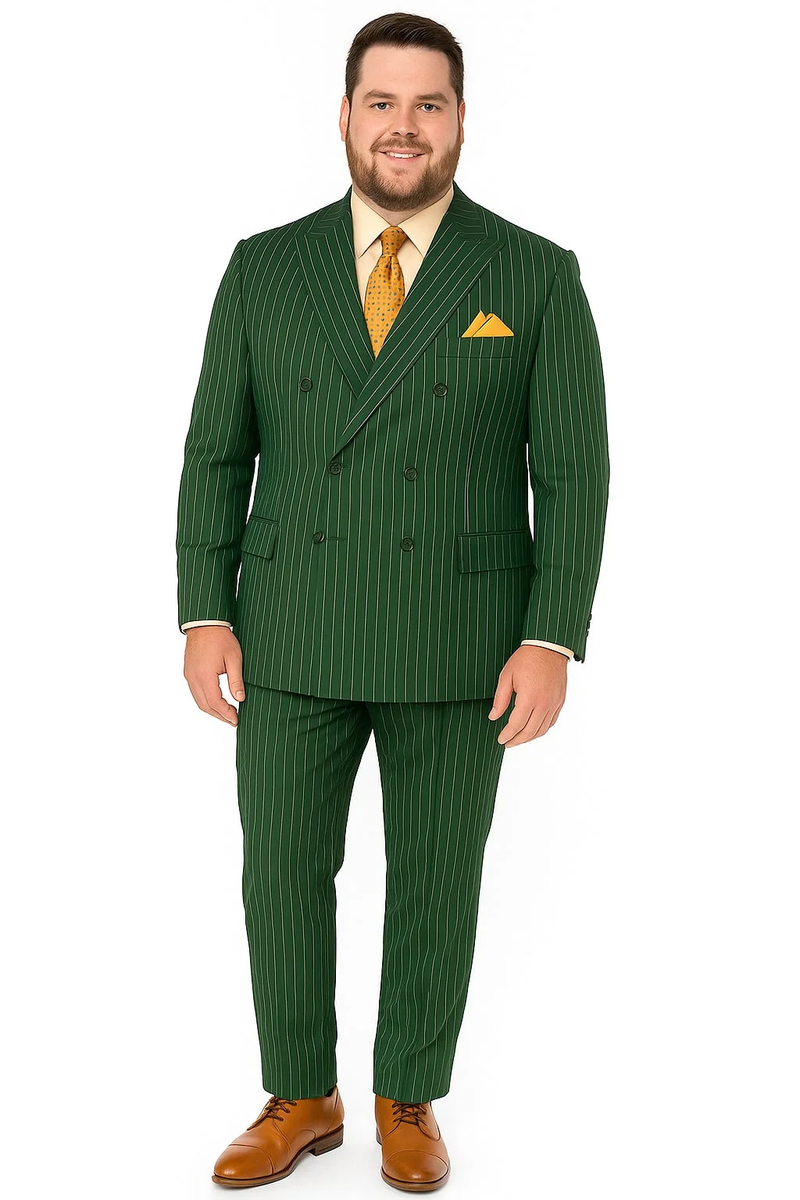 Hunter green pinstripe double-breasted suit. Structured blazer with wide lapel and double buttons. Matching straight-cut pants. Smooth, tailored fabric for a formal, uniform appearance.