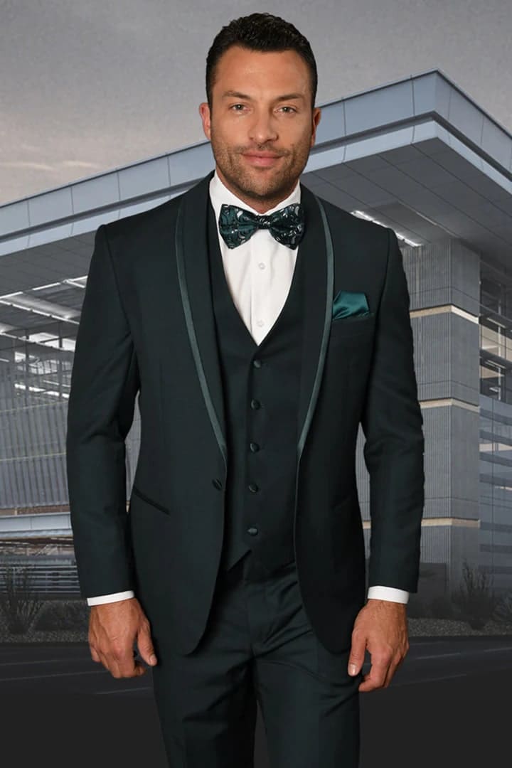 Elegant Men's Hunter Green Tazio Vested Paisley Floral Slim Fit Tuxedo - 1 Button
