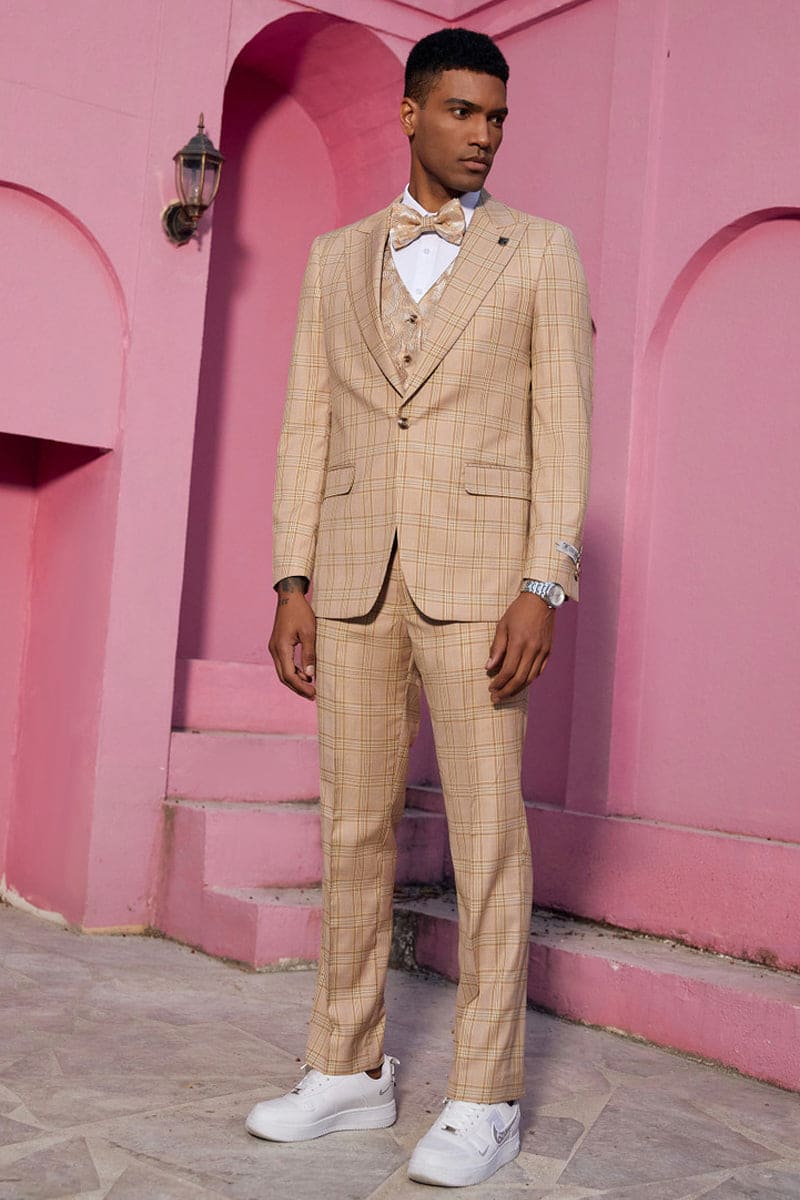 Mens Stacy Adams Suit -Stacy Adams Men's Plaid Suit with Paisley Vest & Bow Tie - Khaki