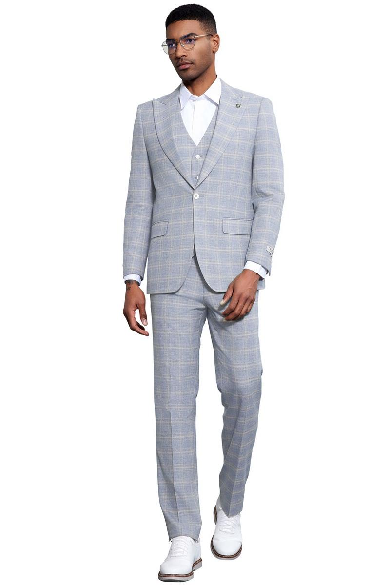 Mens Stacy Adams vested peak lapel baby blue plaid prom wedding suit features a light blue fabric with a plaid pattern, peak lapel design, and three-piece construction including matching trousers.