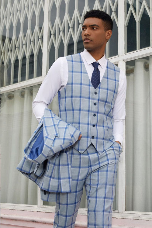 "Mens Stacy Adams Suit - Stacy Adams Suit Men's Vested Peak Lapel Plaid Suit - Blue Windowpane"