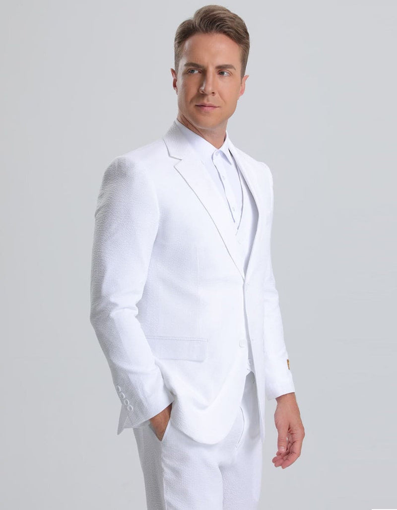 Mens Cheap White Suit Jacket + Pants Summer Seersucker Suit in White Pinstripe
