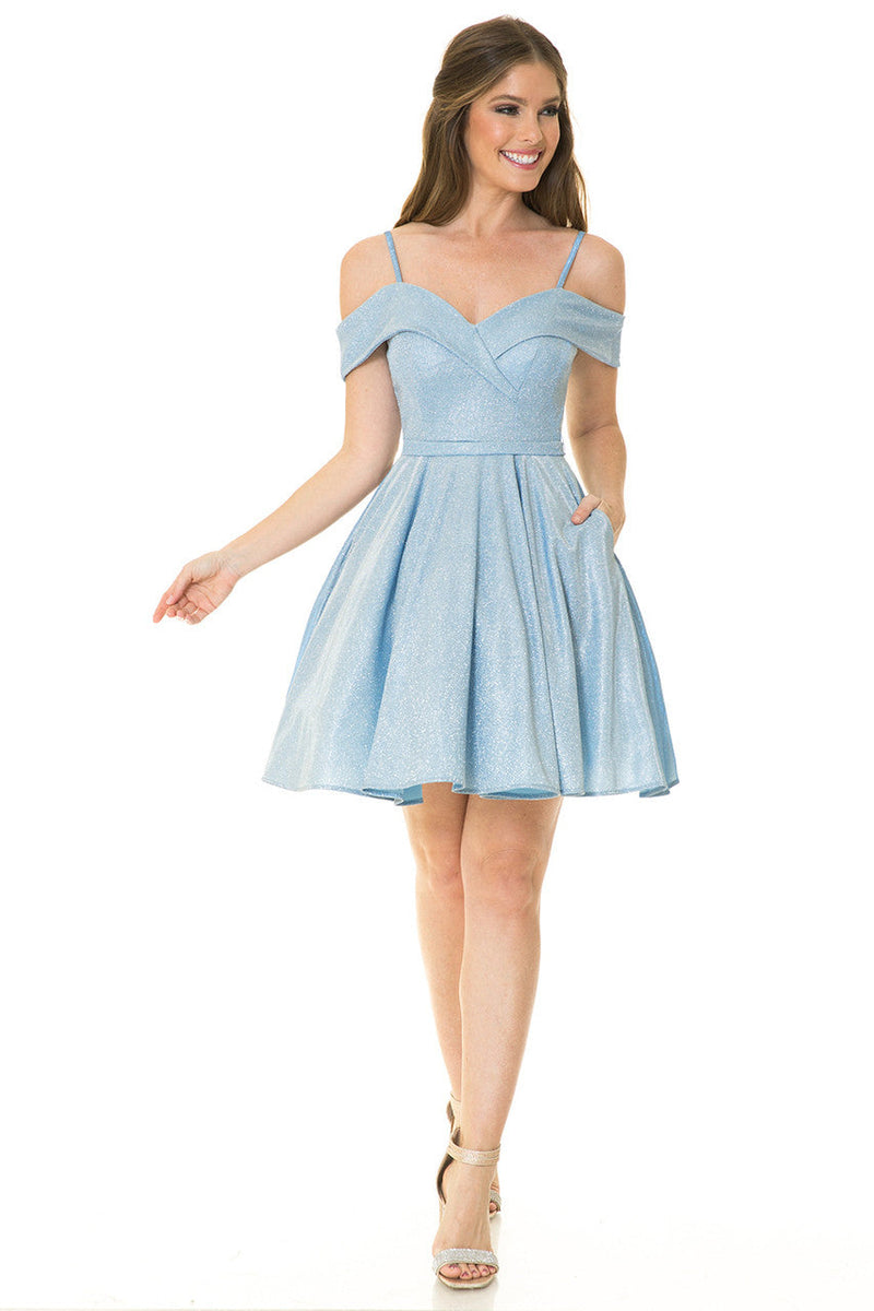 Lenovia 5228 Short Metallic Glitter Cold Shoulder A-Line Dress