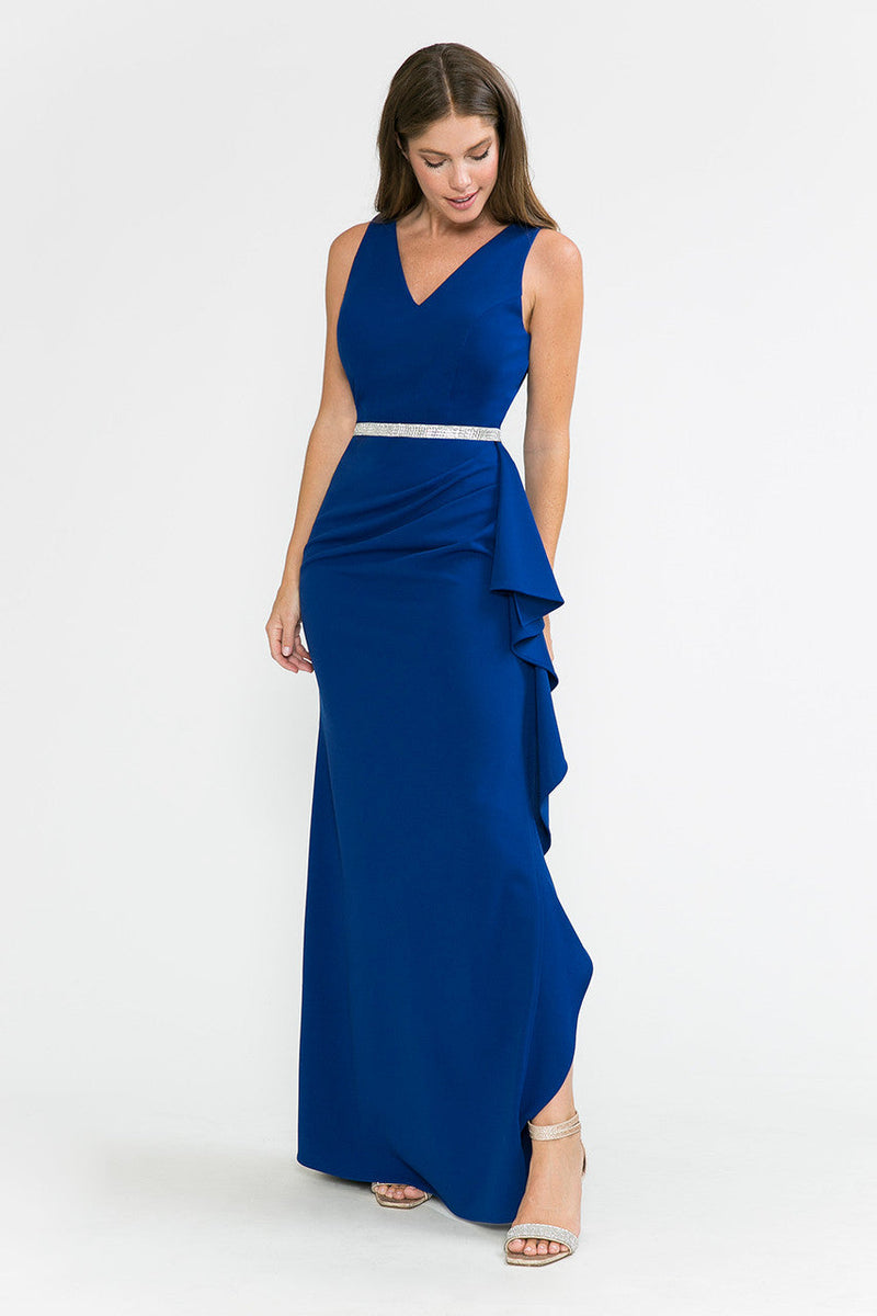 Lenovia 5287 Sleek V-Neck Crepe Dress with Side Slit and Embellished Belt