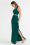 Lenovia 5287 Sleek V-Neck Crepe Dress with Side Slit and Embellished Belt
