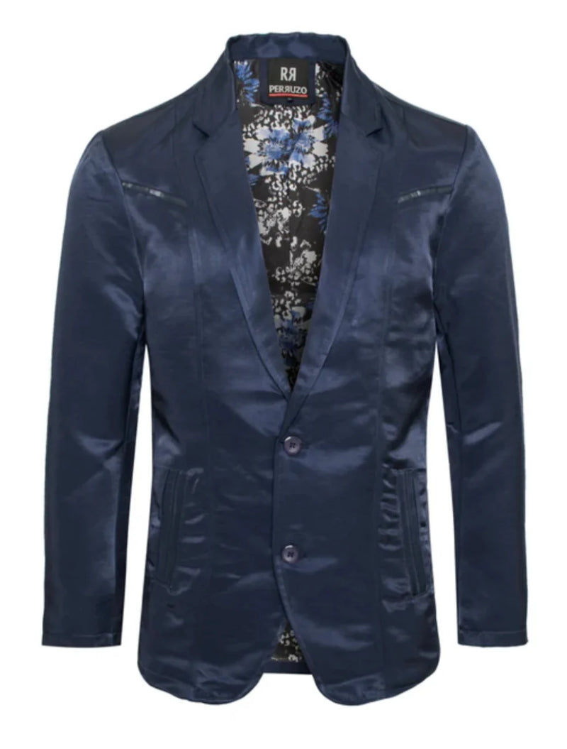 Men's Western Navy Blazer Slim Fit Shiny Finish Sport Coat for Weddings, Prom & Formal Events