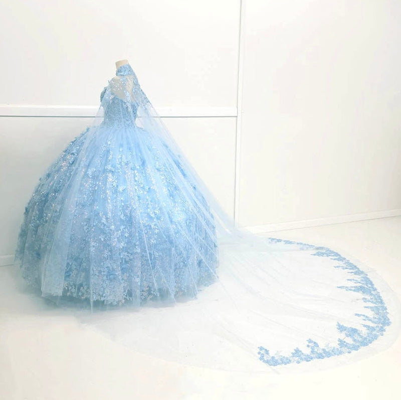 Chicas HF3067 Printed QuinceaƱera Royal BallDress Floral Floor-Length Tulle Dress