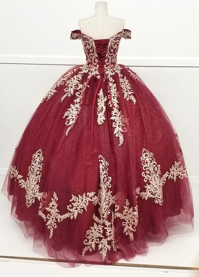 Chicas HF3008 Glitter QuinceaƱera Burgundy BallDress Tulle Dress