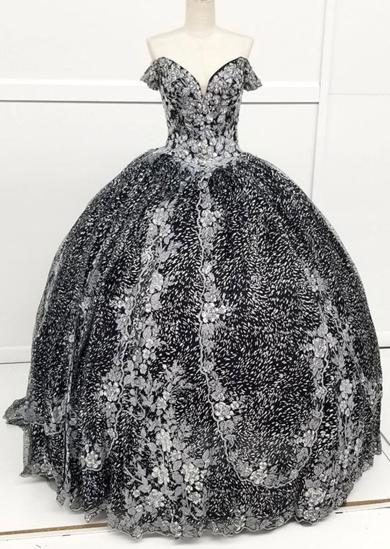Chicas HF3039 Printed QuinceaƱera Black BallDress Sweetheart Floral Lace Dress