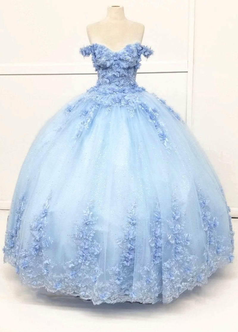 Chicas HF3054 Printed QuinceaƱera Blue BallDress Sweetheart Floral Tulle Dress