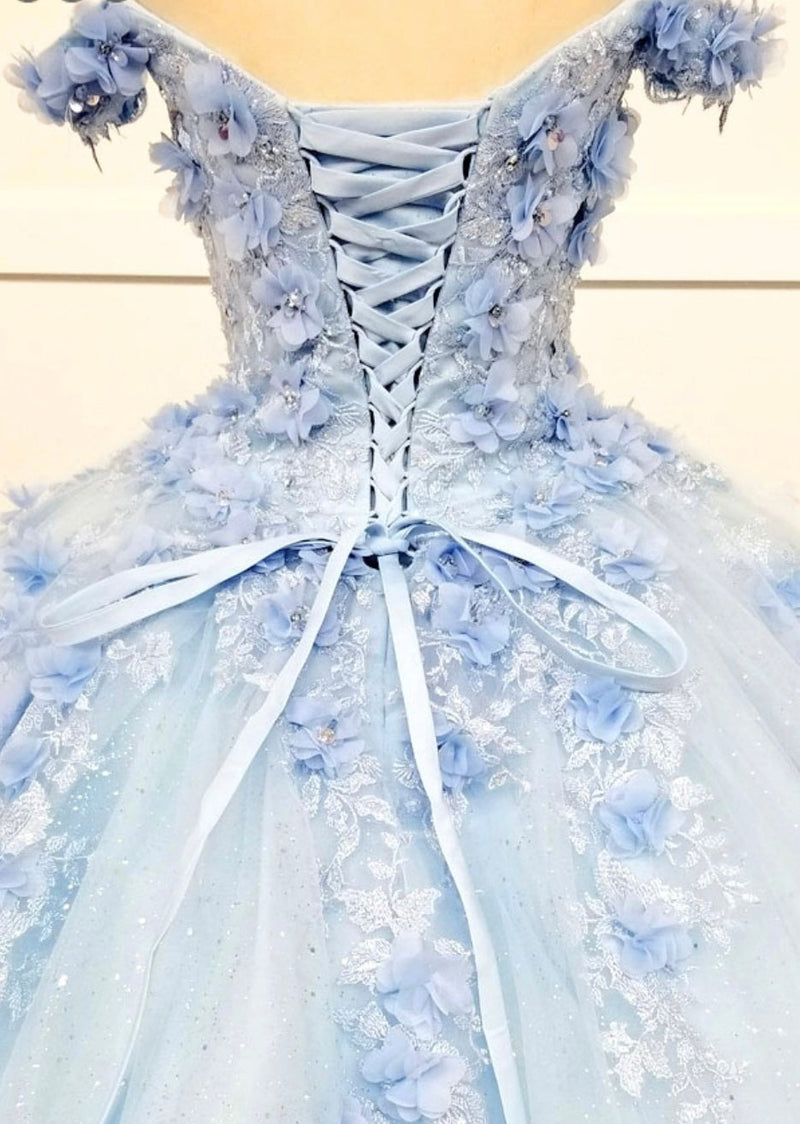 Chicas HF3054 Printed QuinceaƱera Blue BallDress Sweetheart Floral Tulle Dress