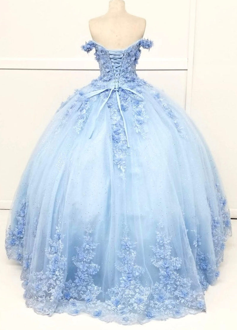 Chicas HF3054 Printed QuinceaƱera Blue BallDress Sweetheart Floral Tulle Dress