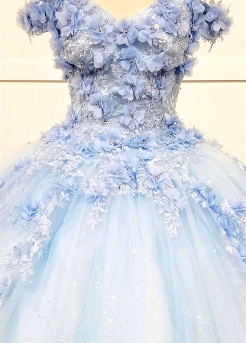 Chicas HF3054 Printed QuinceaƱera Blue BallDress Sweetheart Floral Tulle Dress