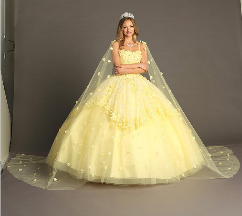 Chicas HF3046 Printed BallDress Floral Floor-Length AppliquƩ Cape Fabric Dress