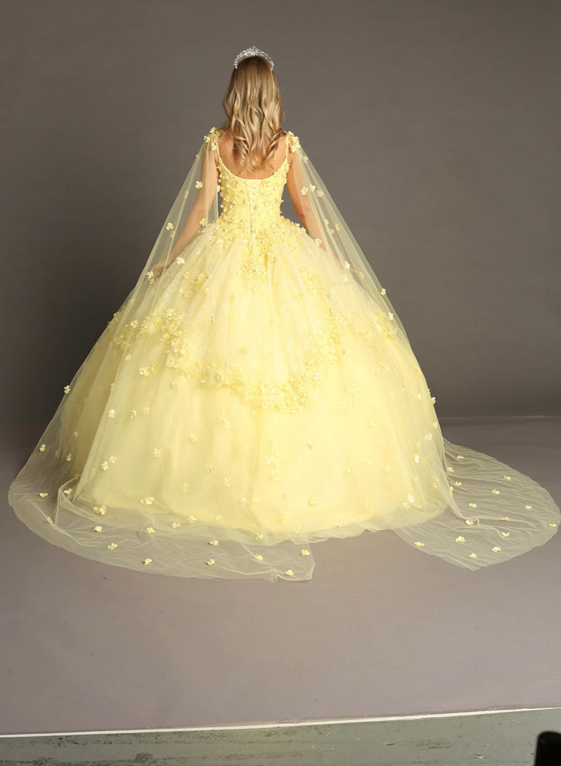 Chicas HF3046 Printed BallDress Floral Floor-Length AppliquƩ Cape Fabric Dress