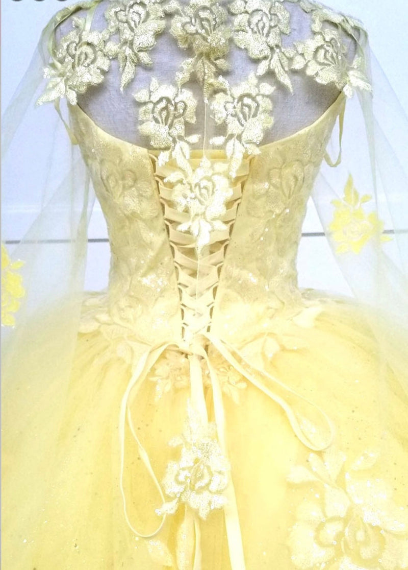 Chicas HF3045 Romantic Printed Glitter QuinceaƱera BallDress V-Neck Tulle Dress