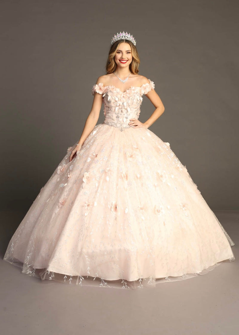 Chicas HF3027 Romantic Printed Glitter QuinceaƱera Blush BallDress Tulle Dress