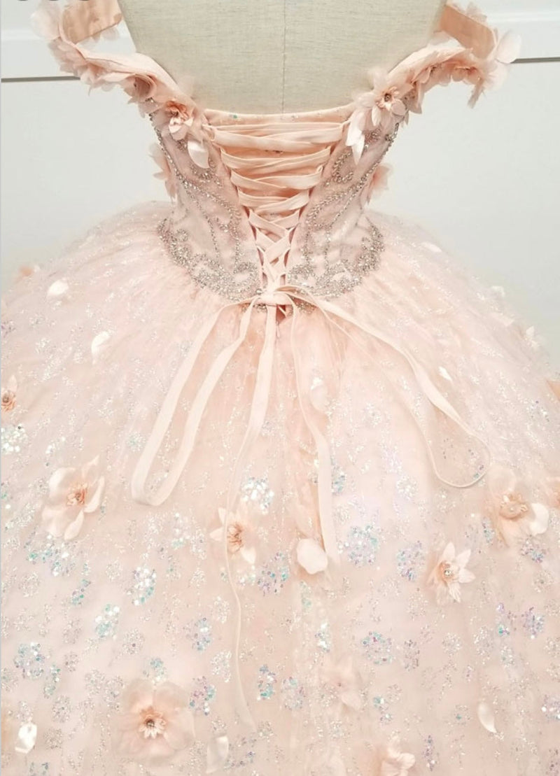 Chicas HF3027 Romantic Printed Glitter QuinceaƱera Blush BallDress Tulle Dress