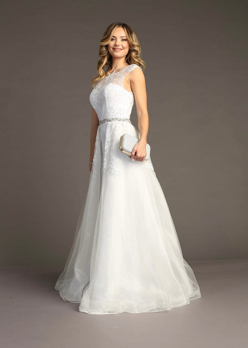 Chicas LM8023 Formal White Illusion Floor-Length Beaded Fabric Dress