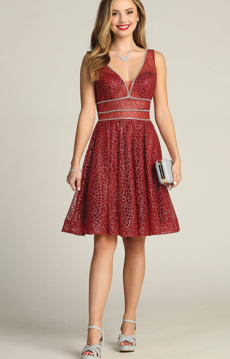 Chicas Y5801 Modern Glitter Formal Red A-Line Illusion Lace Dress