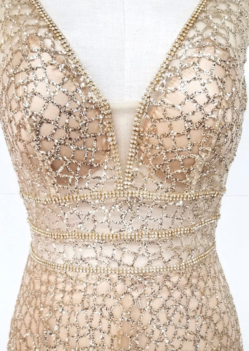 Chicas C7058 Modern Prom Gold A-Line Floor-Length Sequin Fabric Dress