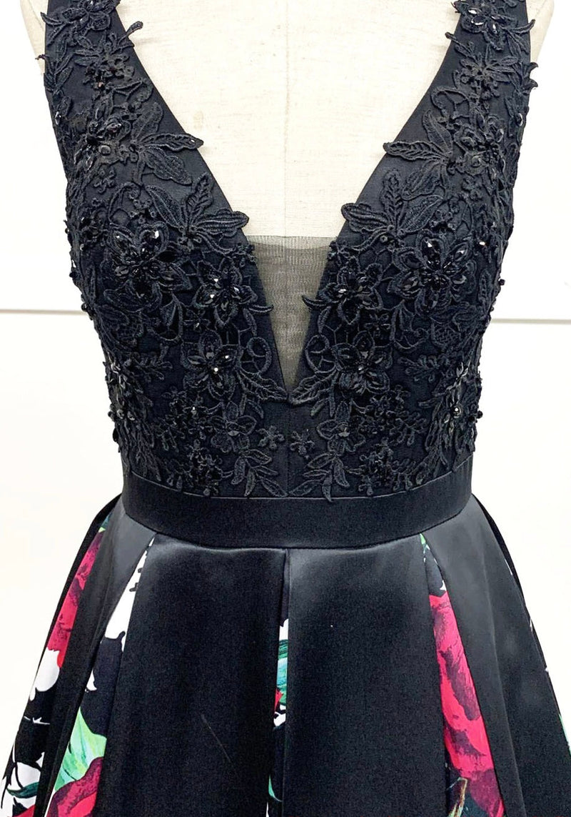 Chicas LM8008 Printed Formal Black A-Line Floral Satin Dress