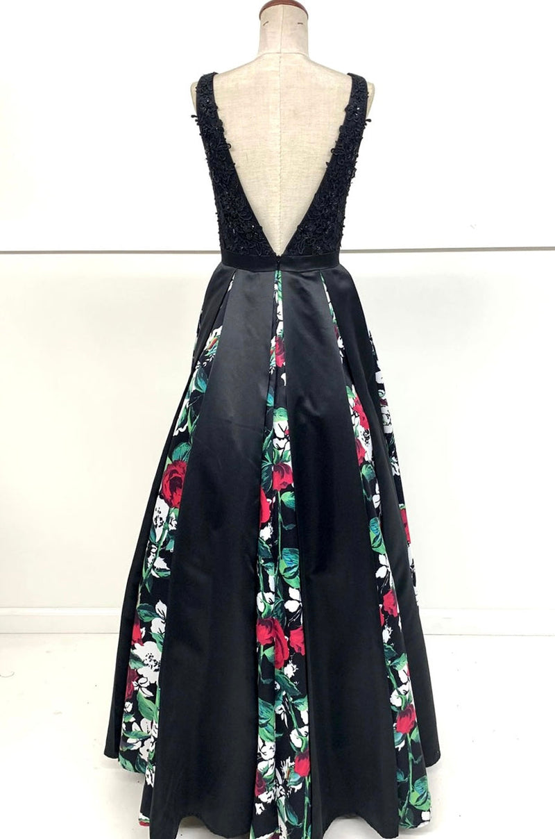 Chicas LM8008 Printed Formal Black A-Line Floral Satin Dress