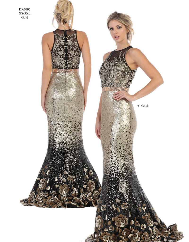 Chicas DR7005 Printed Metallic Evening Black Mermaid Illusion Fabric Dress