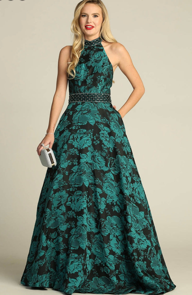 Chicas SD3002 Printed Evening Royal A-Line Halter Fabric Dress