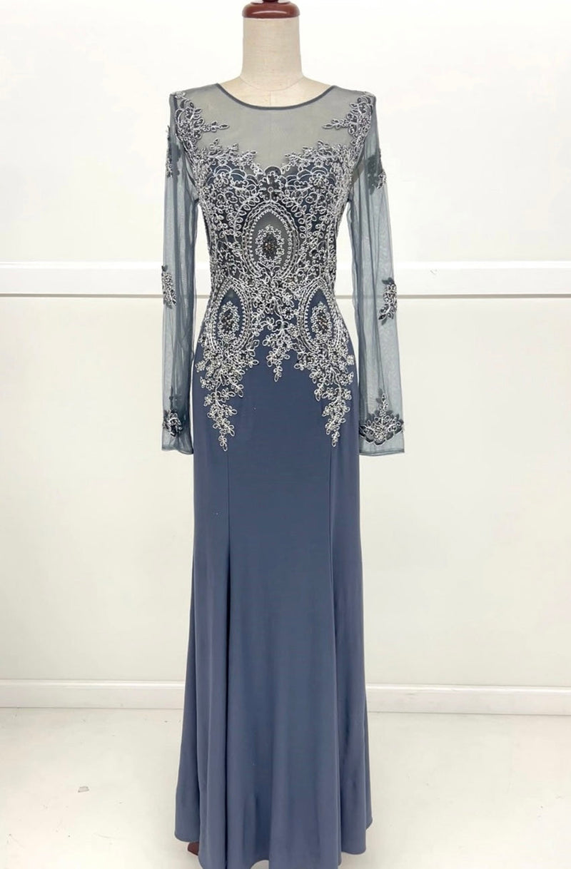 Chicas C3298 Elegant Evening Wine Mermaid Long-Sleeve Floor-Length Mesh Dress