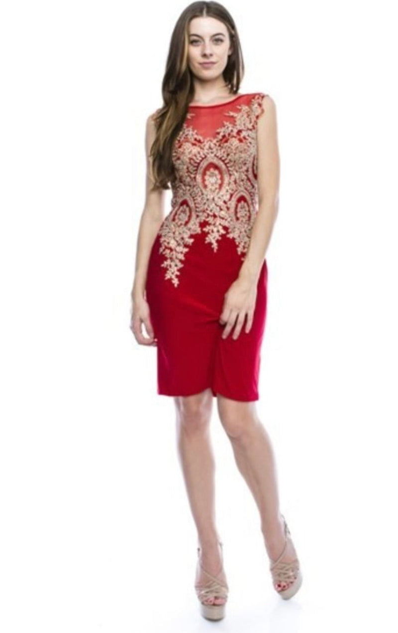 Chicas C7801 Cocktail Black Illusion Embroidered Appliqué Mesh Dress