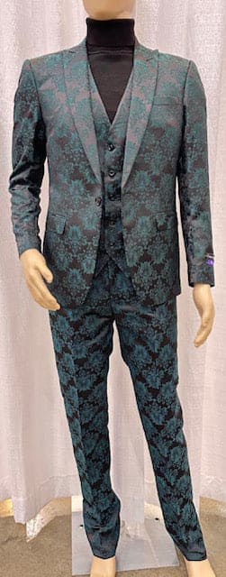 Mens Paisley Suit -Black and Emerald Green Floral Suit - Prom Party Suit