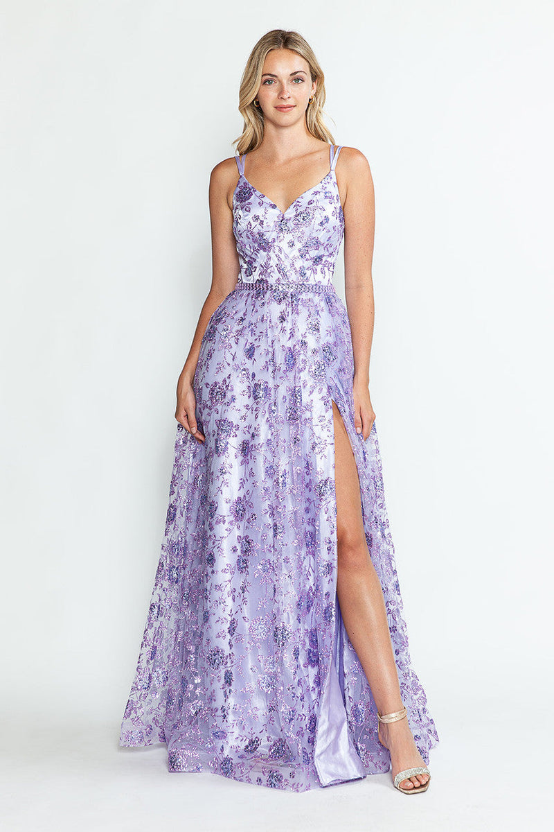 Glitter Embellished A-Line Gown with Corset Back & Stone Belt Formal Prom Dress by Lenovia 8235