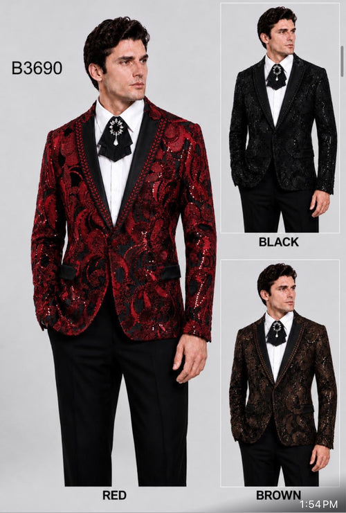 Men's red, black and brown ornate sequin blazers