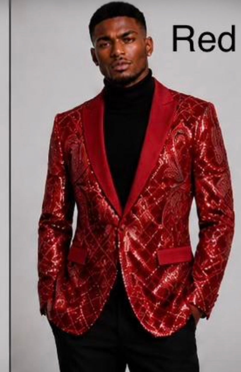 Mens Sequin Christmas Holiday Blazer – Luxury Party Jacket for New Year Jacket Sparkly Dinner Jacket in color "Crimson Red"