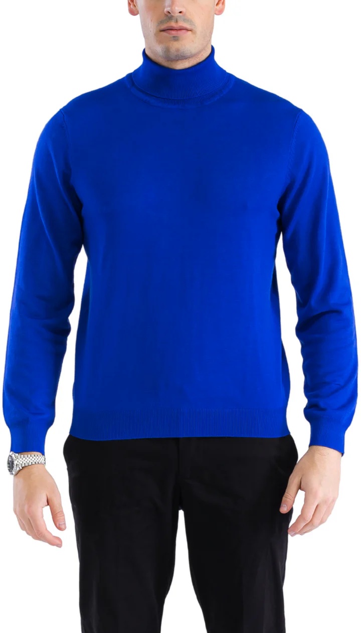 Alberto Nardoni men's indigo turtleneck sweater. Slim fit, long sleeves, and ribbed high neckline. Solid blue knitted fabric with ribbed hem and cuffs.