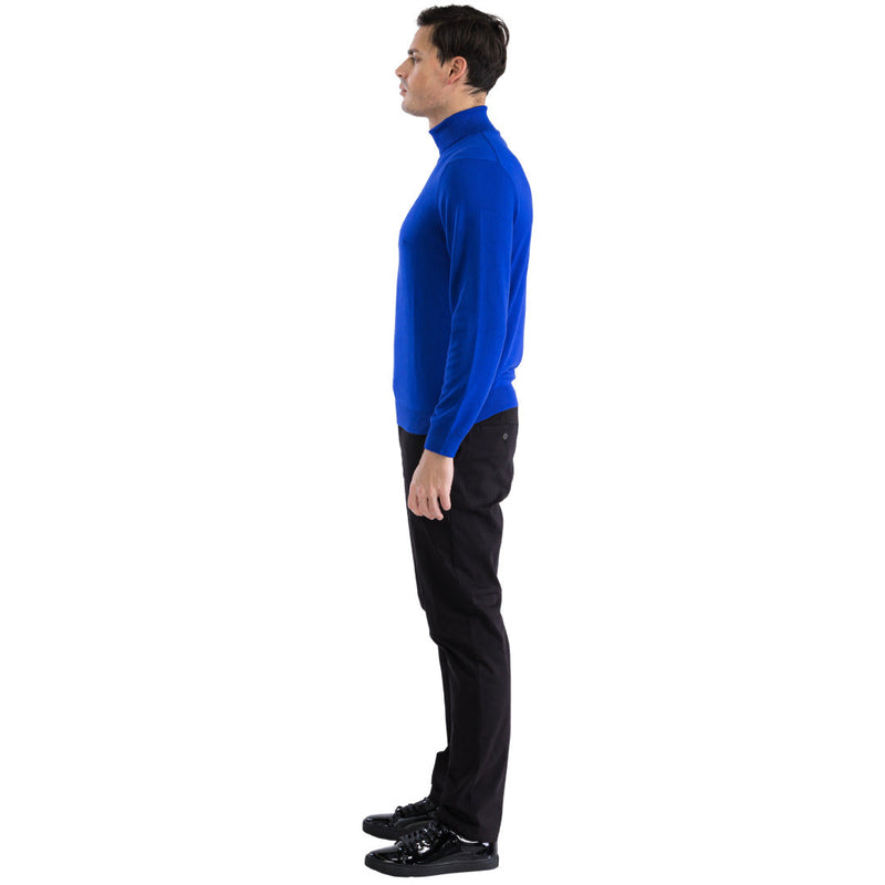 Alberto Nardoni men's indigo turtleneck sweater. Fitted shape, high collar, solid blue fabric. Ribbed cuffs and hem for a snug fit. Long sleeves.
