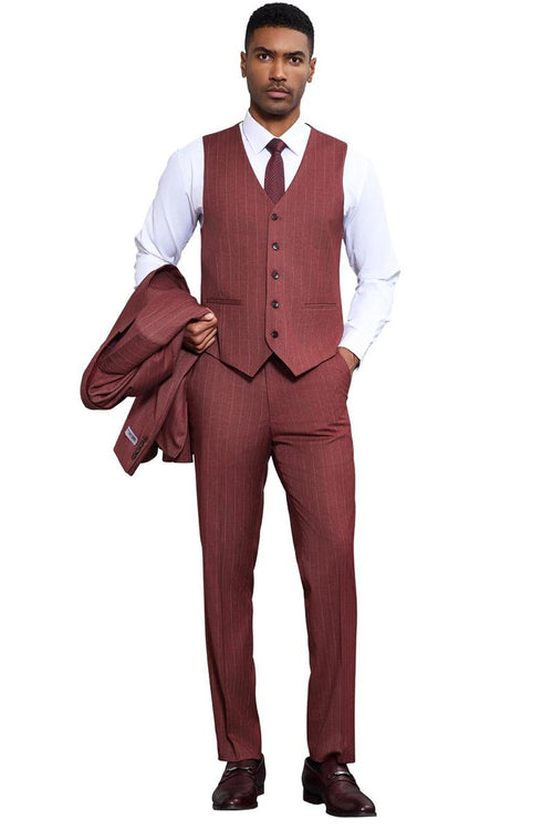 Burgundy pinstripe Stacy Adams men's suit: tailored fit, vest, matching trousers. Peak lapel, one-button jacket, notch lapel vest (5 buttons). Formal, with white shirt and tie. Structured design with visible pockets.